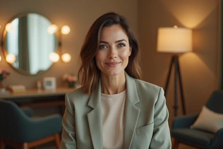Portrait d'une actrice aux lèvres naturellement pleines dans une loge de studio de télévision, expression détendue et regard direct vers l'objectif
