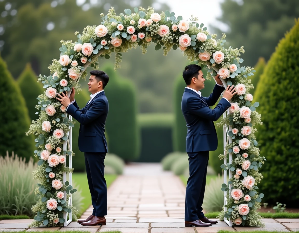 Arche florale modulable en location décorée de roses, eucalyptus et herbes de la pampa à l'entrée d'une cérémonie de mariage en plein air