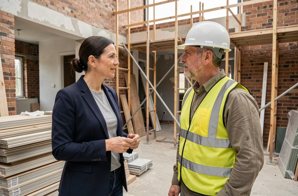Architecte et entrepreneur discutant sur un chantier de rénovation en cours