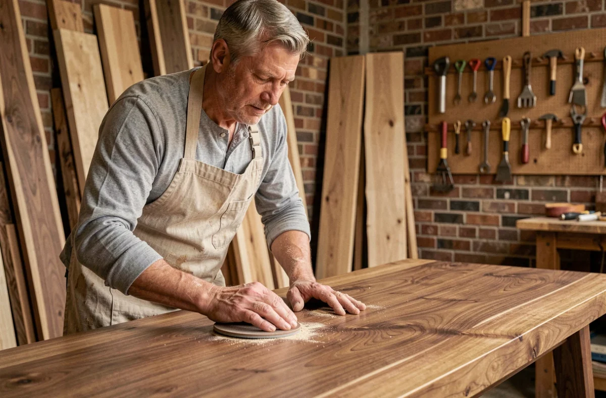 Artisan en atelier ponçant à la main une table en noyer massif avec soin et précision