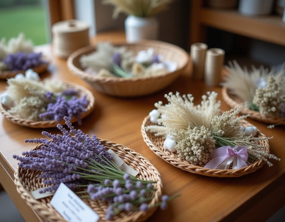 Bar à fleurs séchées pour les invités lors d'un mariage avec lavande, immortelles, lunaria, herbes de la pampa et rubans sur une table en bois rustique