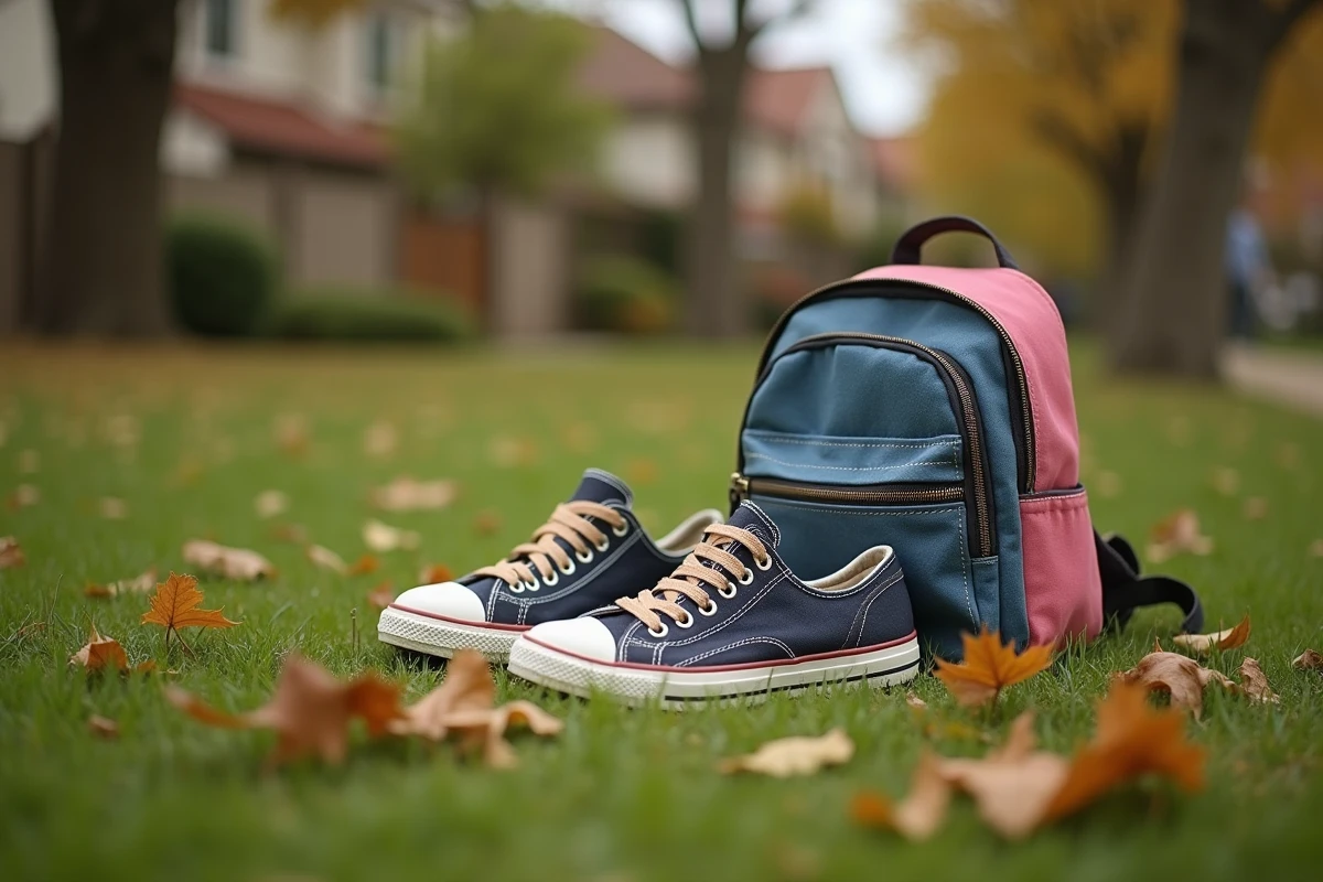Vieilles baskets et petit sac à dos coloré posés sur une pelouse de parc, symbole discret de la parentalité partagée et de la vie de famille
