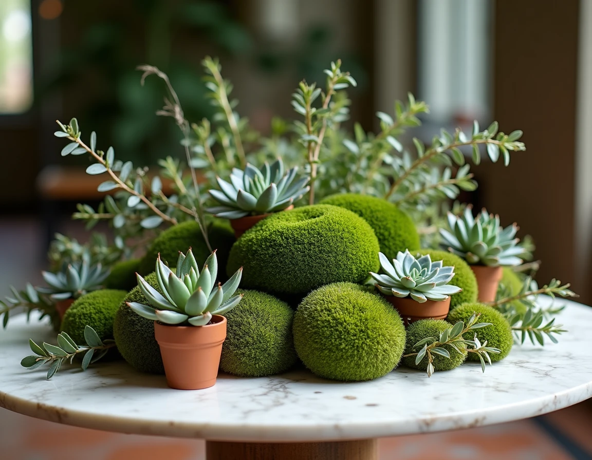Centre de table végétal sans fleurs coupées composé de plantes vertes, mousse préservée, succulentes en terracotta et branches d'eucalyptus sur une table de mariage
