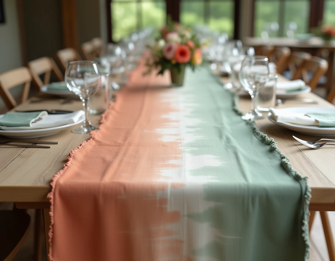 Chemin de table en tissu lin teint sur mesure avec dégradé ombre vert sauge et terracotta artisanal sur une longue table de réception de mariage