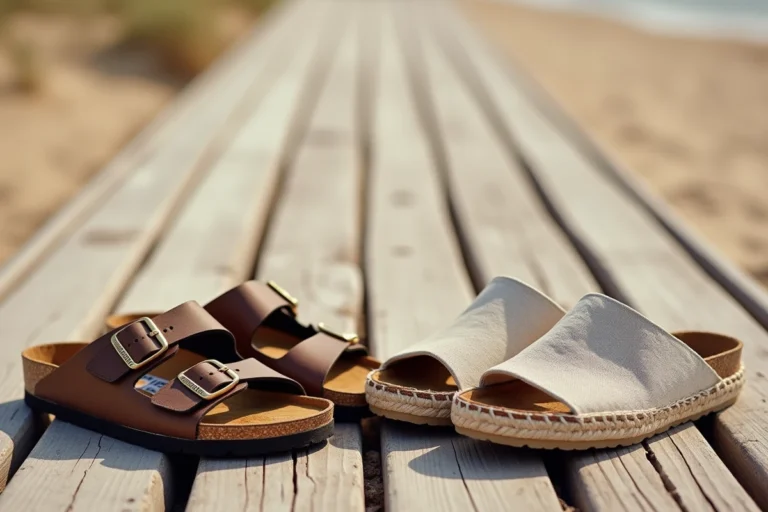 Comparaison de sandales Bayton et Birkenstock posées côte à côte sur une promenade en bois au bord de la plage en été