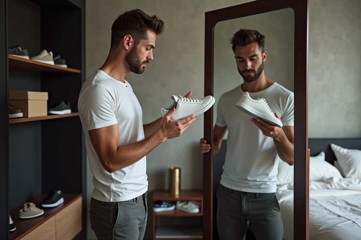 Homme comparant une chaussure physique avec une image sur son smartphone lors d'un achat en ligne de sneakers