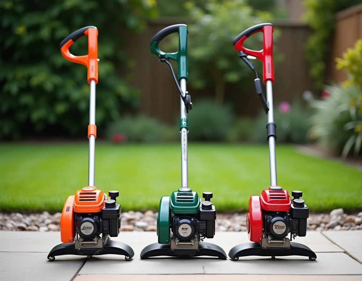 Comparatif de trois modèles de coupe-bordures thermiques posés côte à côte sur une terrasse en béton dans un jardin