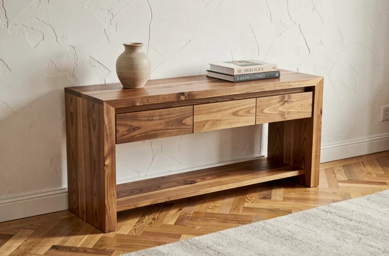 Console en noyer massif avec grain naturel dans un salon haut de gamme aux tons chauds et neutres