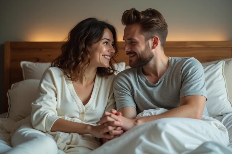 Couple souriant sur un lit dans une chambre chaleureuse