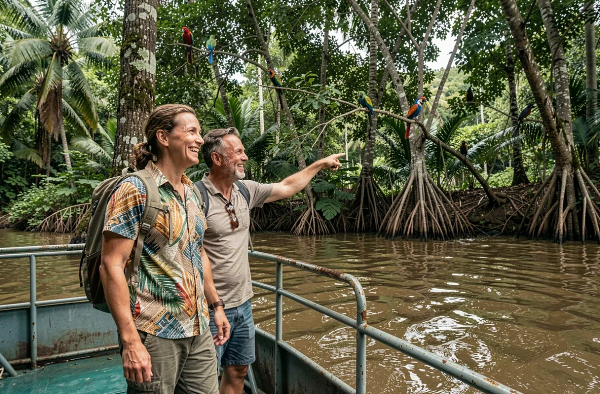 Couple en aventure sur un ferry fluvial tropical observant la nature sauvage, illustrant un voyage inoubliable en duo