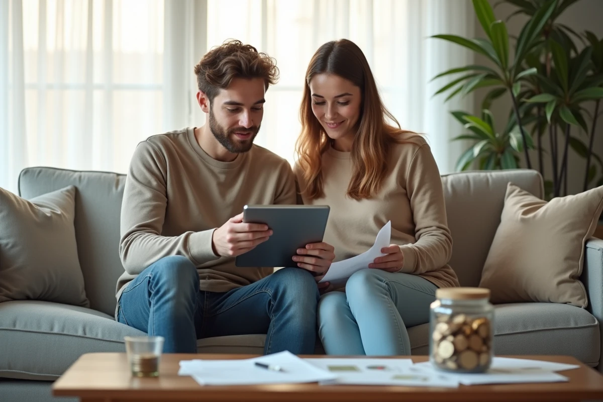 Couple planifiant ensemble leur budget familial sur un canapé avec tablette et documents financiers