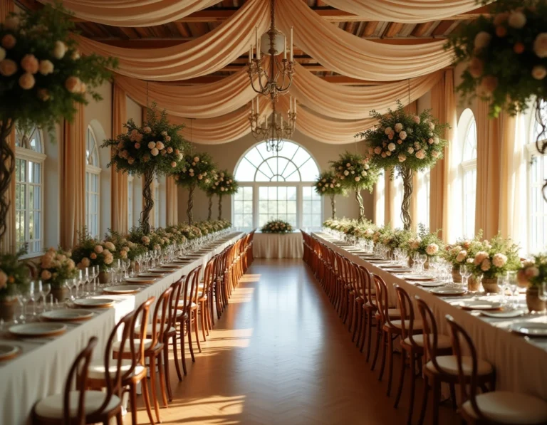 Vue panoramique d'une salle de mariage élégante et personnalisée avec arche florale, vaisselle vintage, projections de monogramme et décorations végétales coordonnées