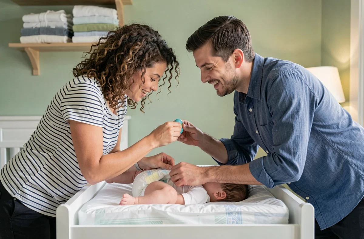 Deux jeunes parents changeant leur bébé ensemble dans une chambre de bébé verte, complicité parentale au quotidien
