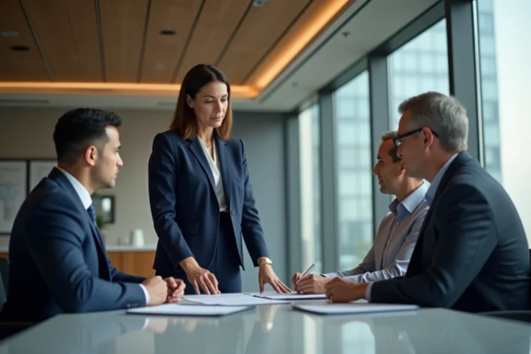 Directrice en blazer navy lors d'une réunion en entreprise
