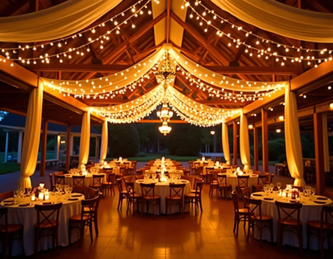Décoration de mariage avec éclairage LED piloté par application mobile, guirlandes lumineuses blanches et ambrées sous une voûte en bois avec smartphone visible