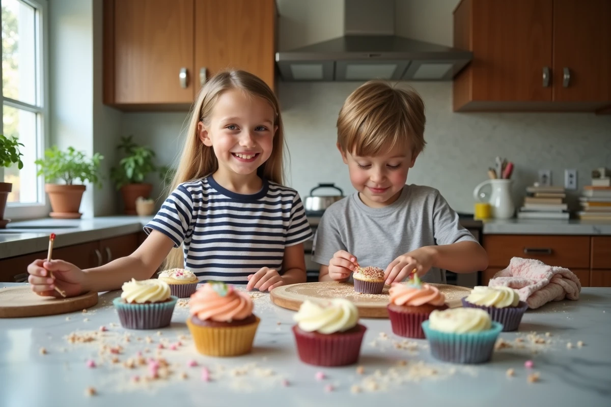 Adolescente et frère décorant des cupcakes dans une cuisine moderne