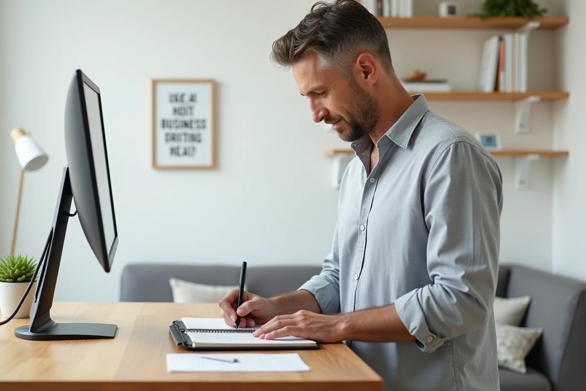 Entrepreneur masculin planifiant ses objectifs d'entreprise dans un carnet devant un bureau minimaliste à domicile