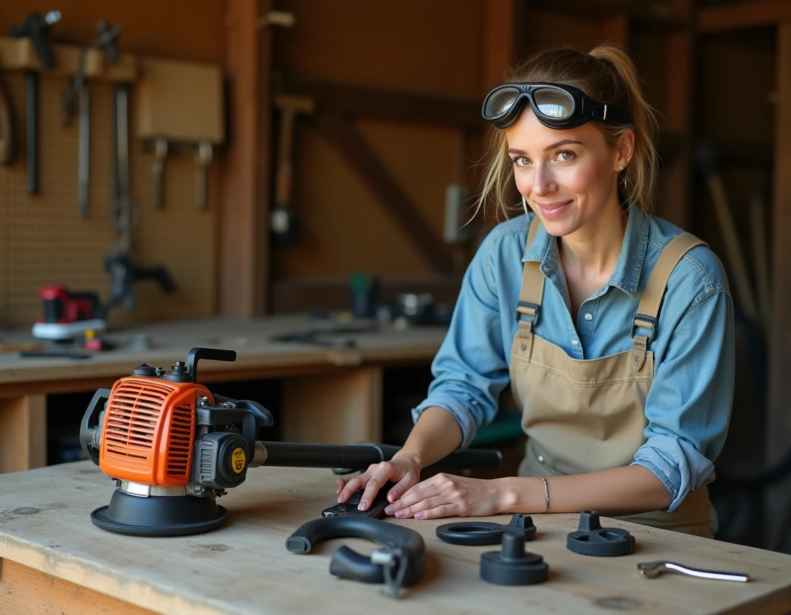 Femme inspectant les pièces d'un coupe-bordure thermique démonté sur un établi en bois dans un atelier de jardin