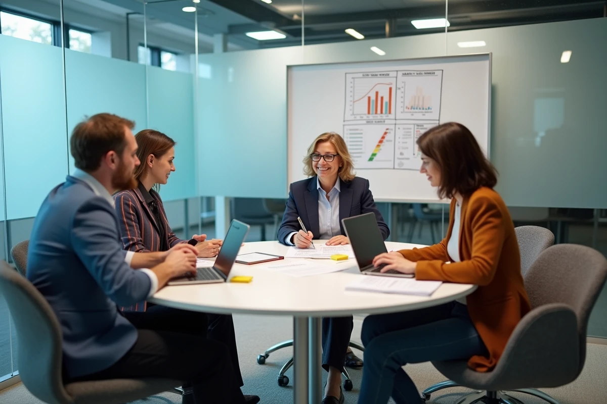 Équipe de professionnels en réunion stratégique autour d'une table de conférence avec des documents de gestion d'entreprise