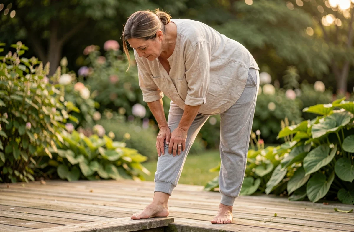Femme d'âge mûr effectuant un étirement du mollet debout sur une terrasse en bois pour soulager rapidement une crampe musculaire