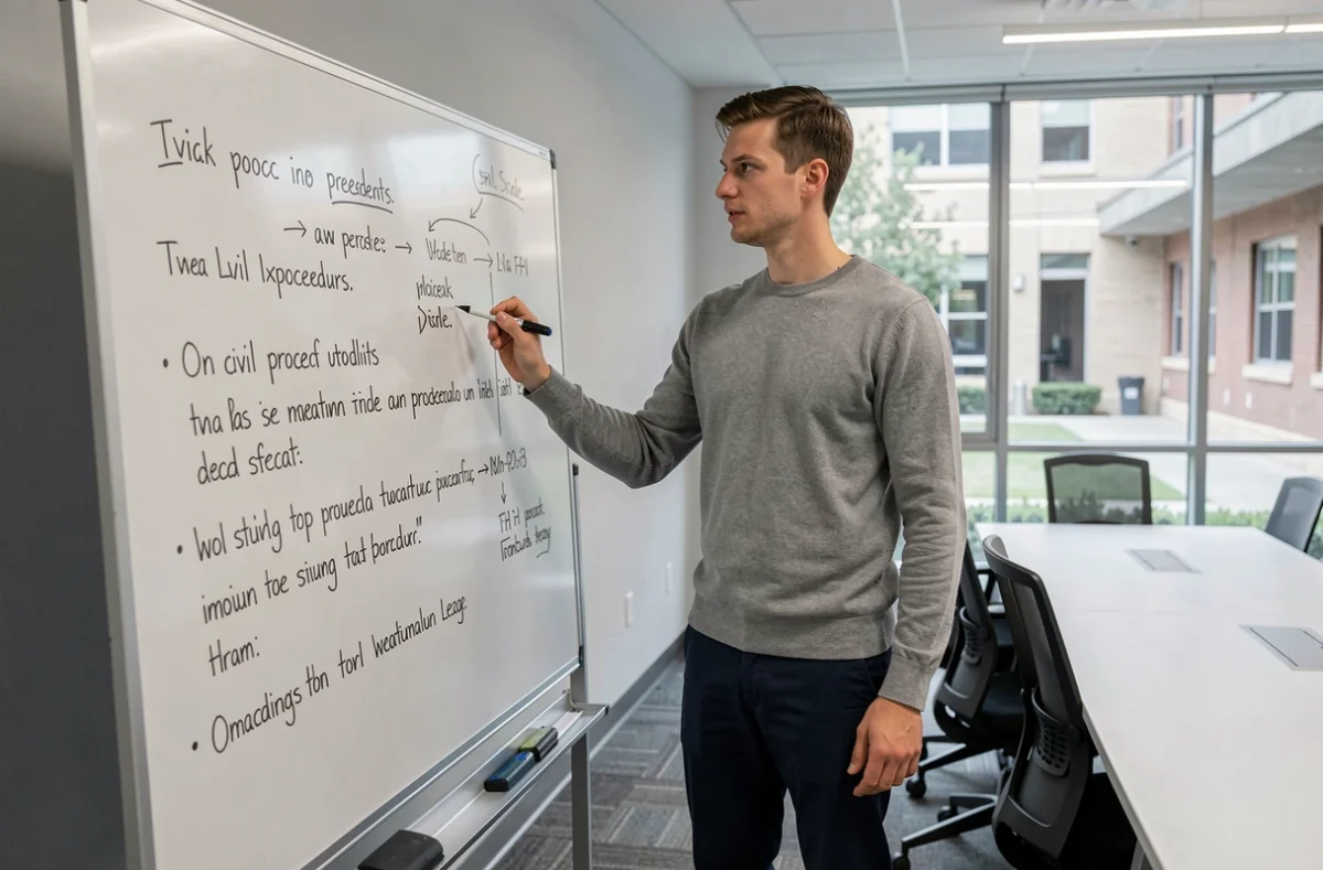 Étudiant en droit présentant une analyse juridique sur un tableau blanc dans une salle de séminaire universitaire