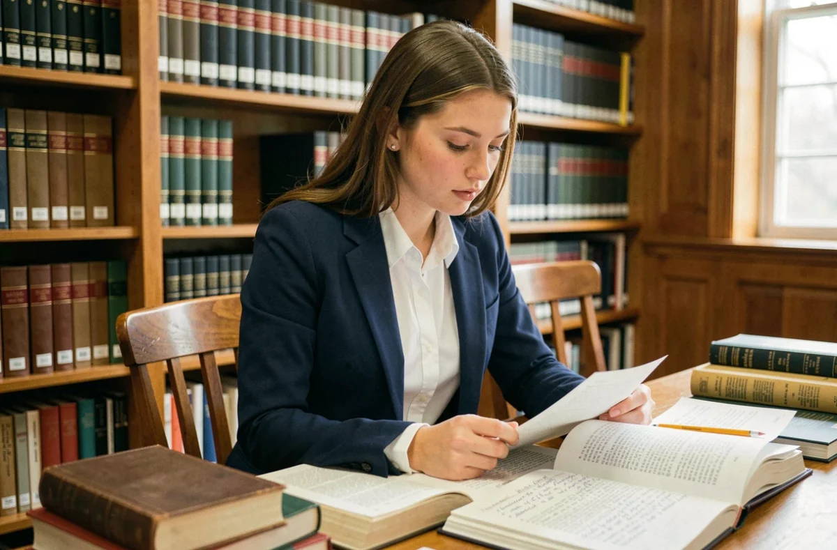 Étudiante en droit révisant des codes juridiques dans une bibliothèque universitaire, illustrant les études de droit sans mathématiques