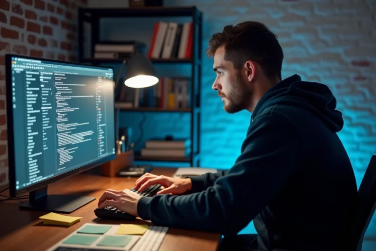Homme explorant un wiki sombre sur un ordinateur dans un bureau à domicile avec des notes autocollantes et un clavier mécanique