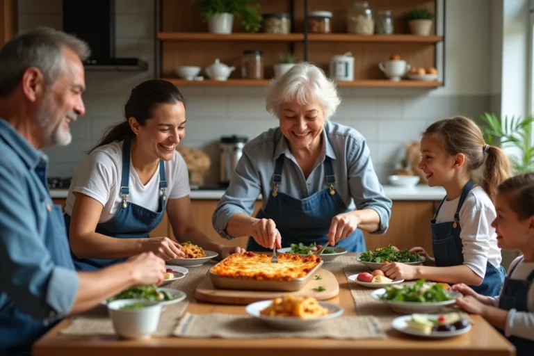 Famille multigenerations partageant des lasagnes maison dans une cuisine chaleureuse