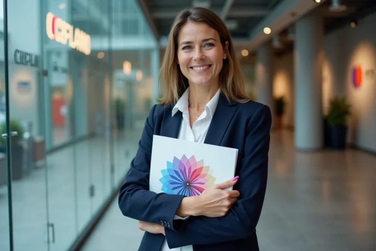 Femme d'affaires confiante en blazer navy dans un bureau moderne