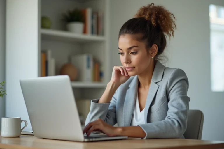 Femme analysant les détails d'envoi et d'arrivée d'un e-mail sur son ordinateur portable dans un bureau à domicile