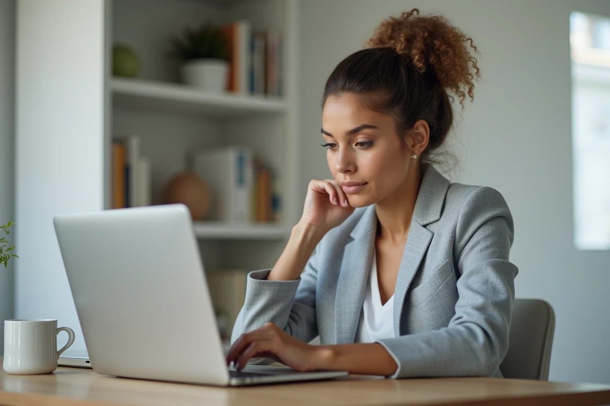 Femme analysant les détails d'envoi et d'arrivée d'un e-mail sur son ordinateur portable dans un bureau à domicile