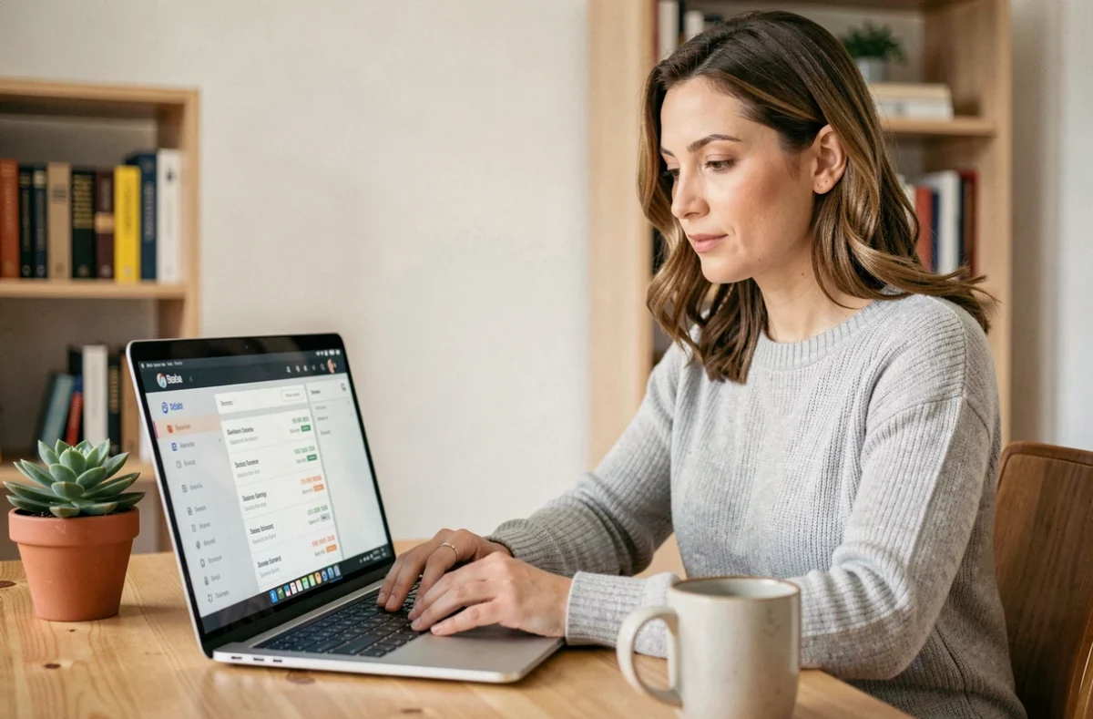 Femme consultant son espace de banque en ligne sur un ordinateur portable depuis son bureau à domicile