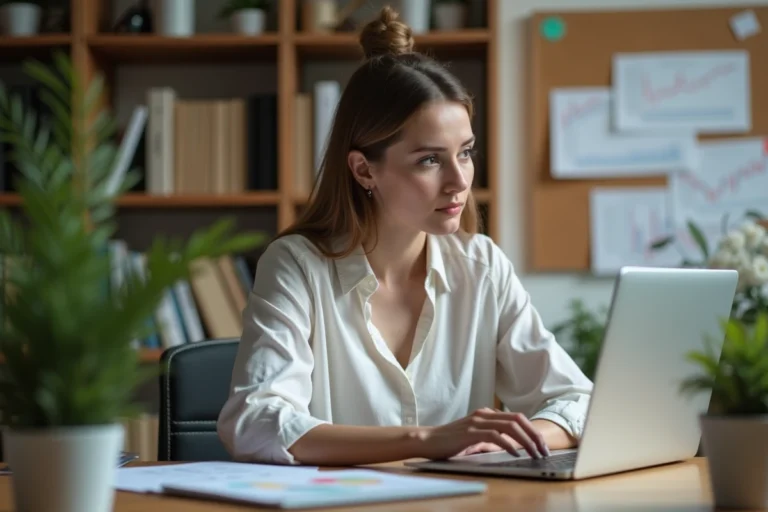 Jeune femme en bureau à domicile analysant des graphiques boursiers