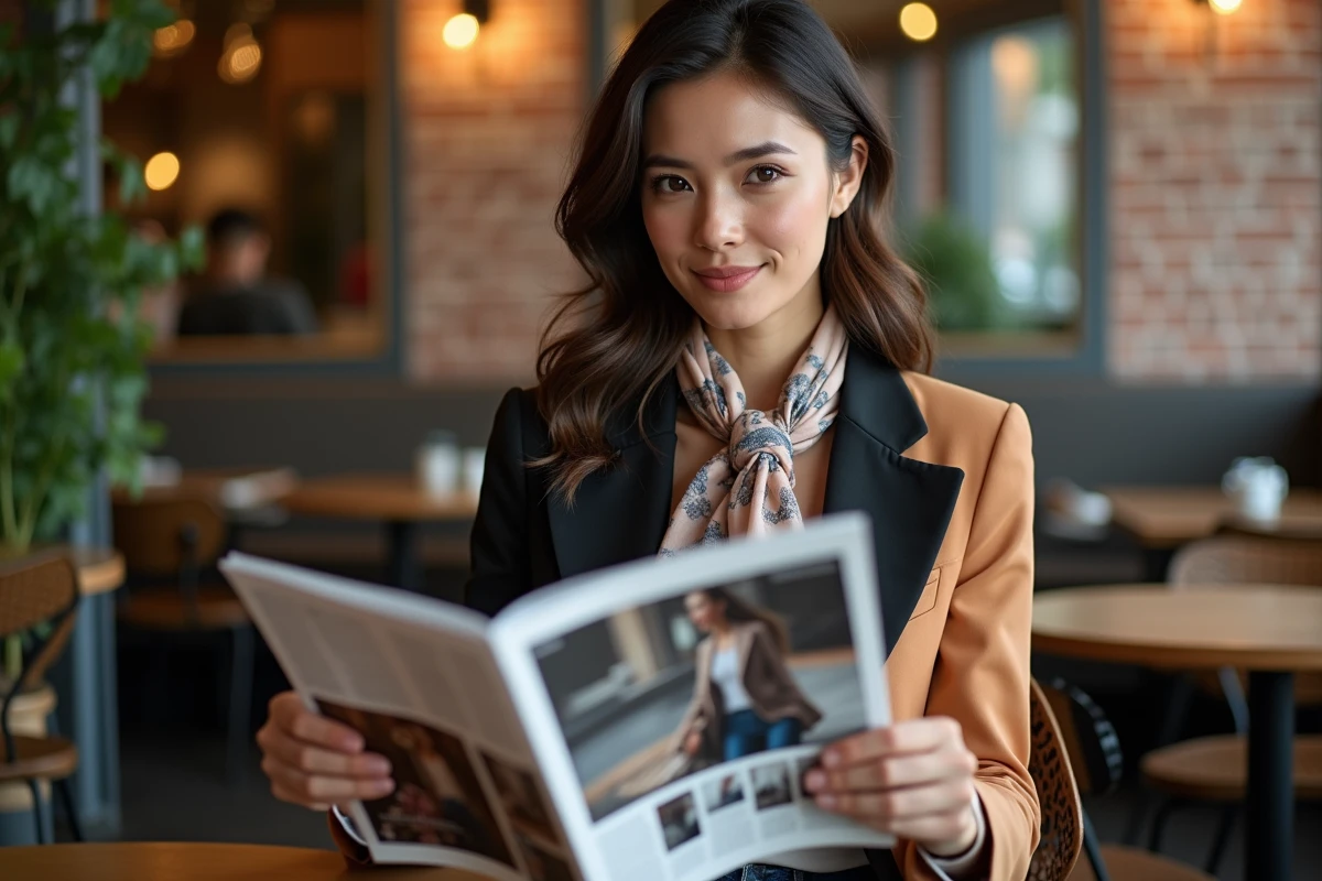 Femme confiante dans un café tendance en intérieur