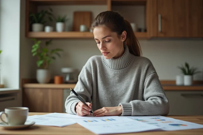 Femme analysant son budget personnel sur une table en bois avec des feuilles de calcul et une tasse de café