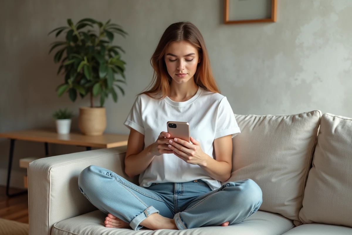 Jeune femme vérifiant l'heure d'arrivée d'un e-mail sur smartphone dans un salon moderne et cosy