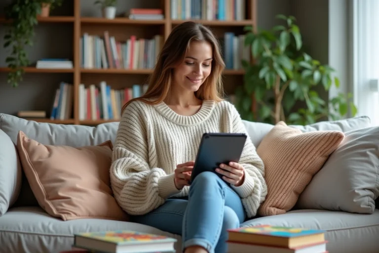 Femme lisant sur une tablette dans un salon cosy