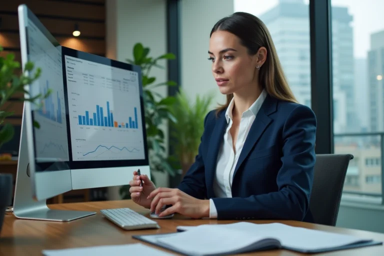 Femme manager analysant des graphiques de performance d'entreprise sur un écran dans un bureau moderne et lumineux