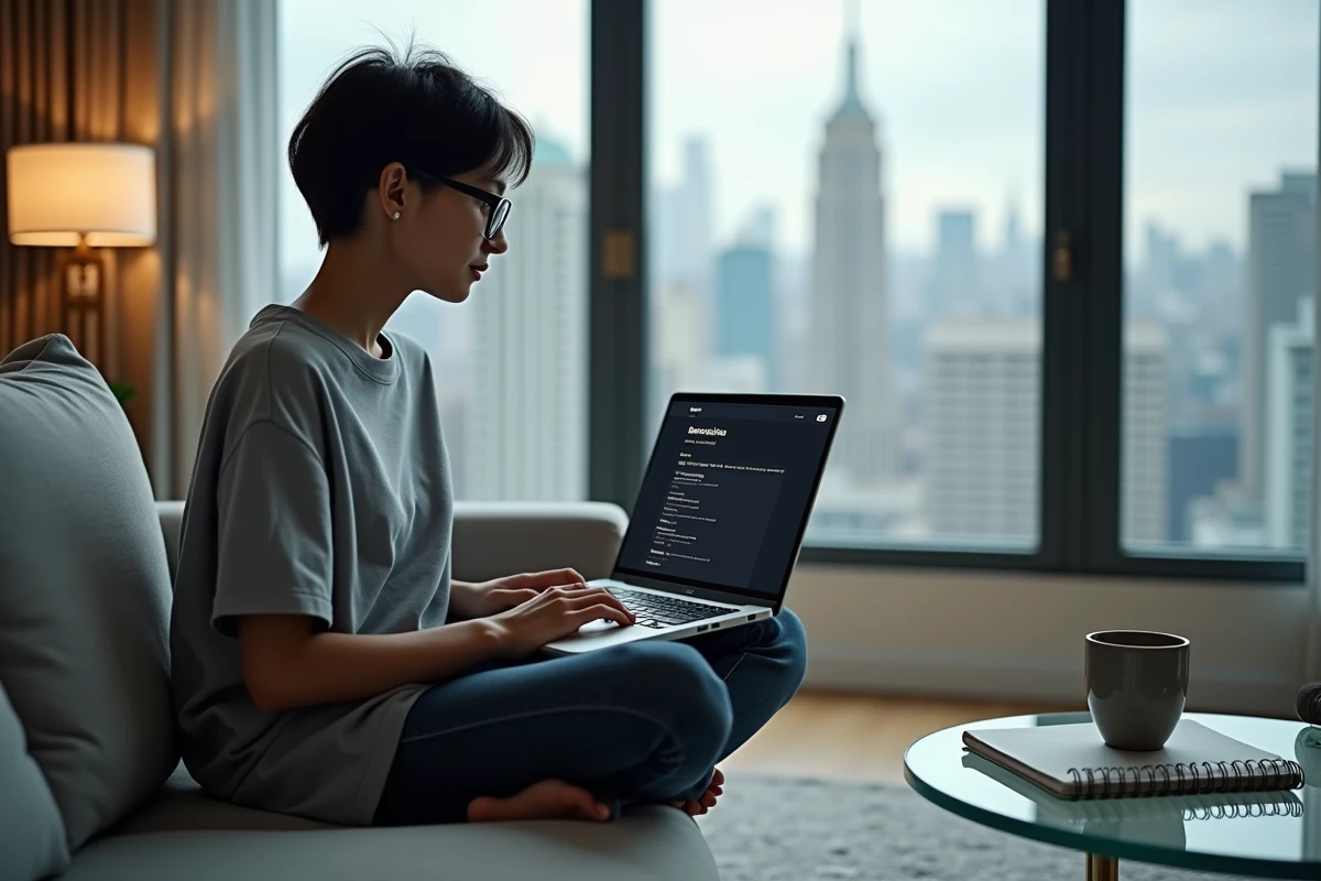 Jeune femme avec des lunettes naviguant sur un site wiki avec des outils de recherche sur son ordinateur portable dans un appartement moderne