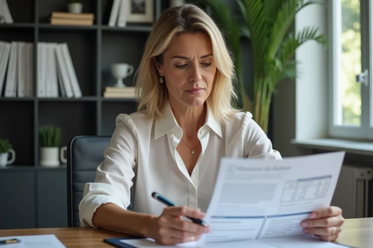 Femme examinant une carte grise dans un bureau moderne