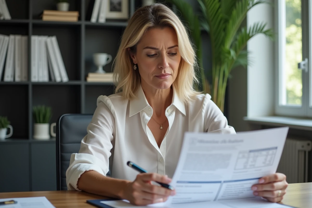 Femme examinant une carte grise dans un bureau moderne