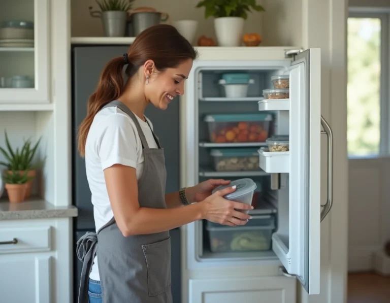 Femme organisant des aliments surgelés dans un grand congélateur armoire dans une cuisine moderne