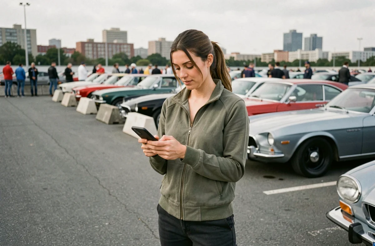 Femme passionnée d'automobile consultant son téléphone lors d'un rassemblement de voitures en extérieur urbain