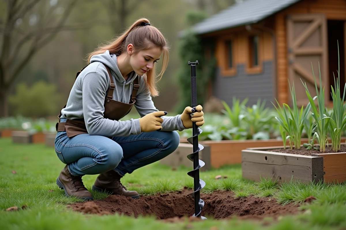 Jeune femme inspectant une tarière dans un jardin printanier