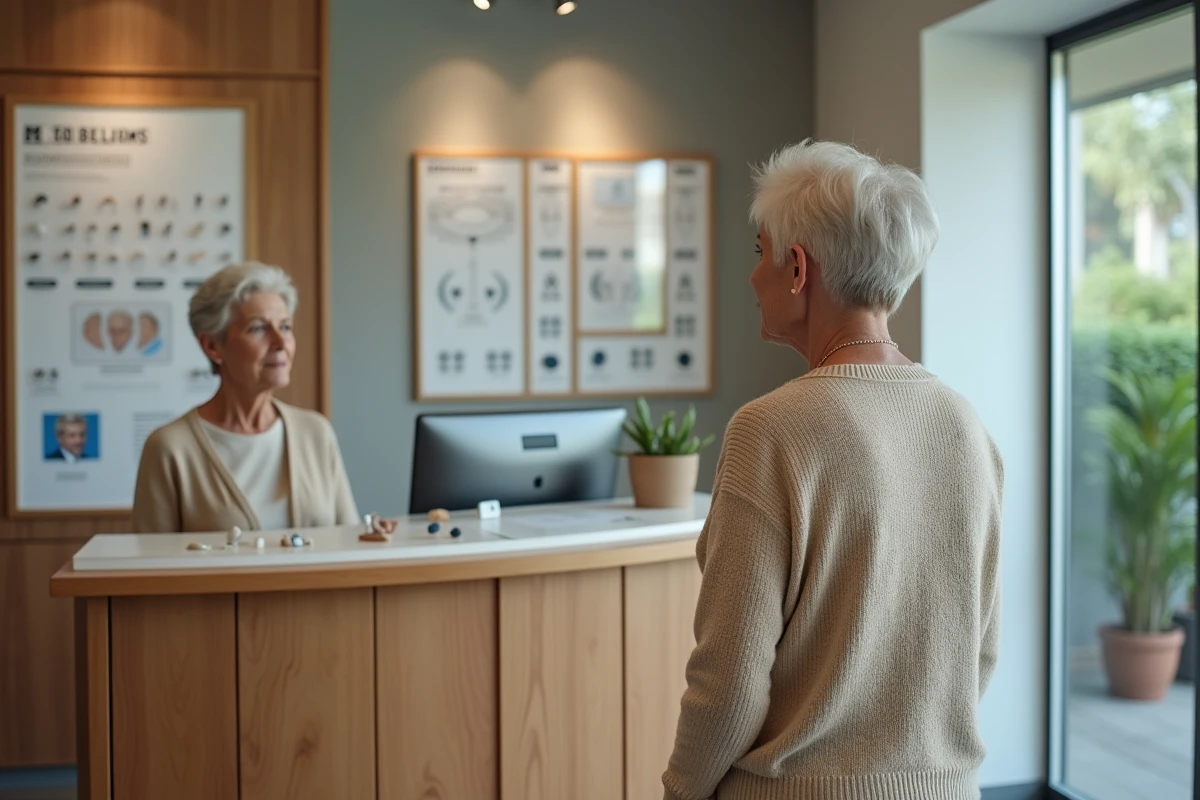 Femme senior regardant les appareils auditifs