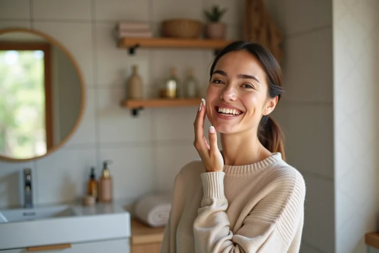 Femme souriante appliquant une creme visage dans une salle de bain moderne
