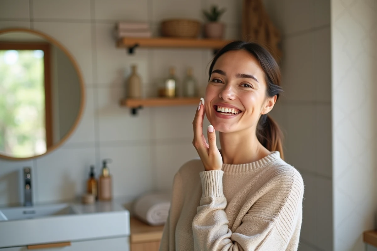 Femme souriante appliquant une creme visage dans une salle de bain moderne