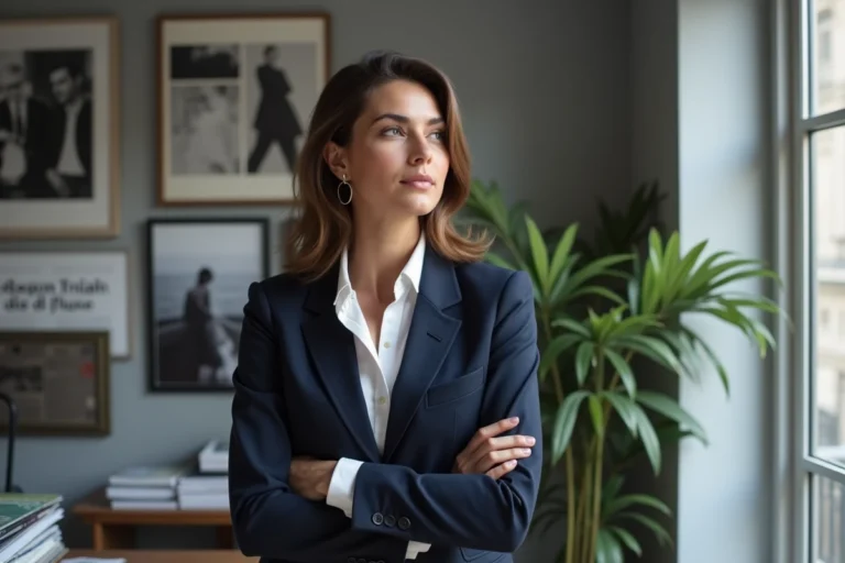 Portrait éditorial d'une femme médiatique française dans un bureau de presse parisien moderne