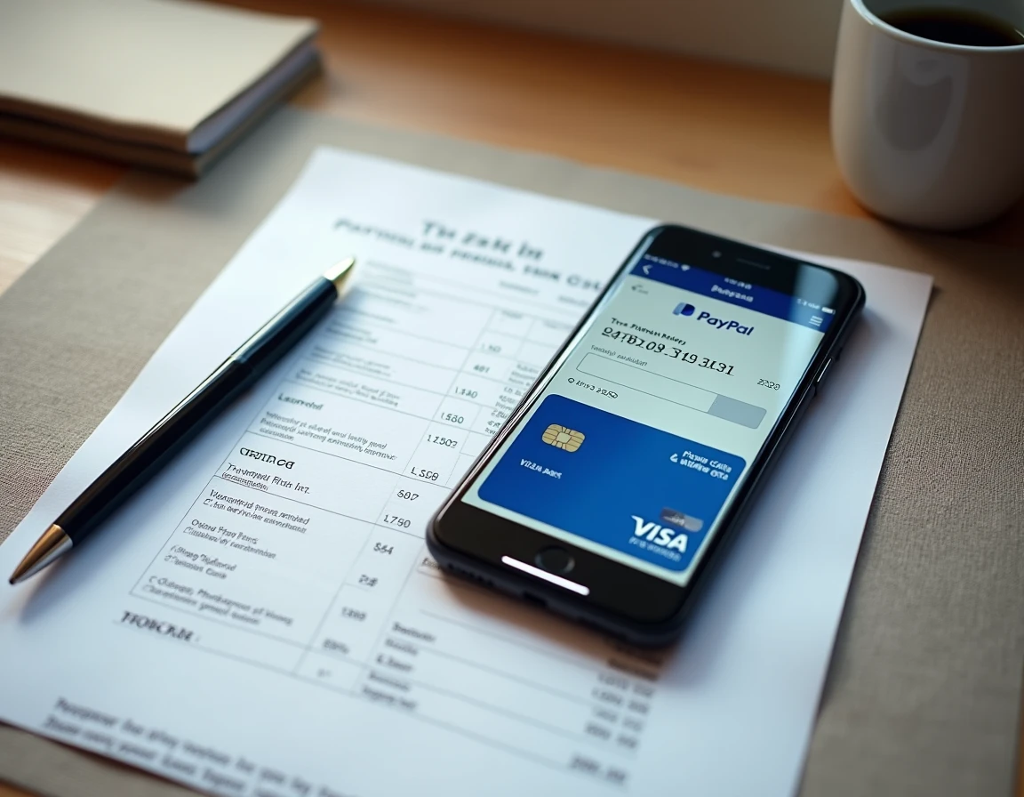 Vue aérienne d'un bureau avec smartphone PayPal, carte bancaire et relevé de compte pour vérification de prélèvements
