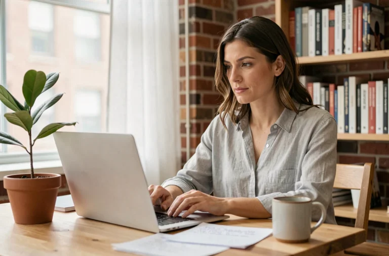Freelance travaillant sur son ordinateur portable dans un bureau à domicile moderne avec mur en briques apparentes